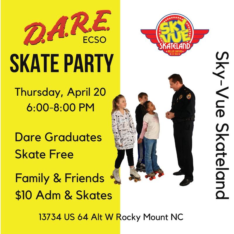 D.A.R.E. Skate Party for graduates - Skate Free on April 20th from 6 pm to 8 pm