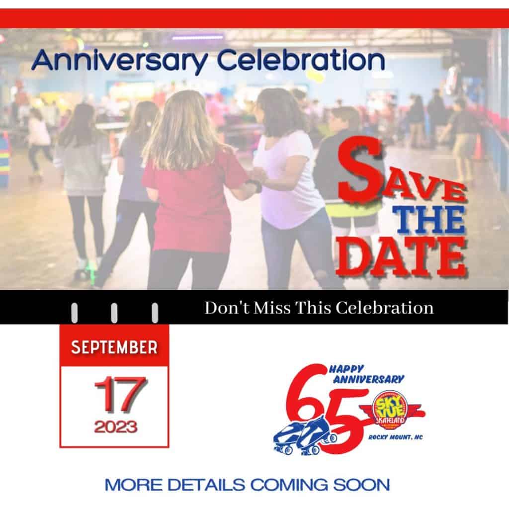 Save the date

September 17, 2023
2:00-5:00 PM
Sky-Vue Skateland’s 65th Anniversary