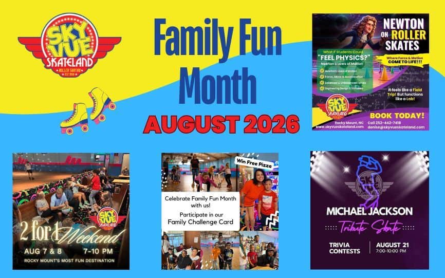 August is Family Fun Month at Sky-Vue. 2 for 1 weekend, Michael Jackson Tribute Skate and more