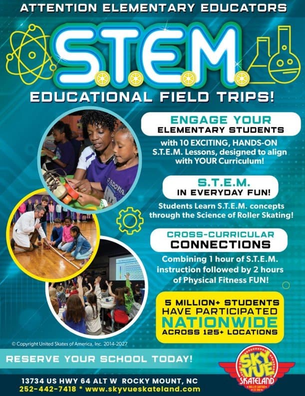 STEM Field Trip at Sky-Vue Skateland STEM Field Trips Flyer